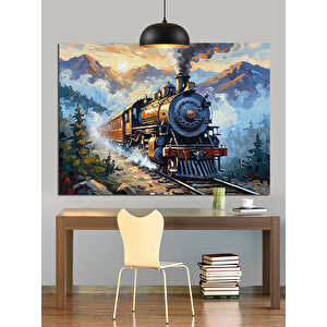Raylarda İlerleyen Buharlı Tren Dekoratif Kanvas - Mdf Ahşap Tablo 70x100 cm