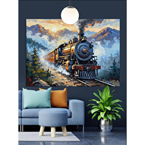 Raylarda İlerleyen Buharlı Tren Dekoratif Kanvas - Mdf Ahşap Tablo