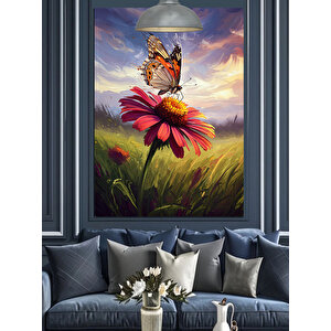 Kelebekli Papatya Çiçeği Dekoratif Kanvas - Mdf Ahşap Tablo 70x100 cm