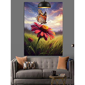 Kelebekli Papatya Çiçeği Dekoratif Kanvas - Mdf Ahşap Tablo 70x100 cm