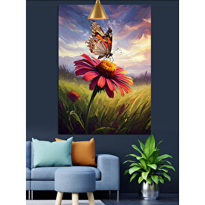 Kelebekli Papatya Çiçeği Dekoratif Kanvas - Mdf Ahşap Tablo 70x100 cm