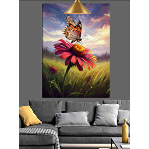 Kelebekli Papatya Çiçeği Dekoratif Kanvas - Mdf Ahşap Tablo