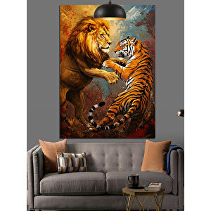Kaplanla Dövüşen Aslan Dekoratif Kanvas - Mdf Ahşap Tablo