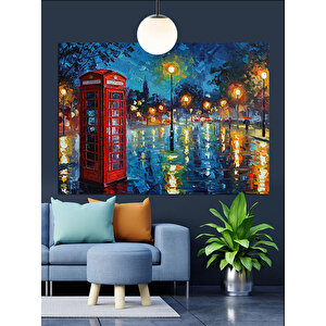 Yağmurlu Sokakta Telefon Kulübesi Dekoratif Kanvas - Mdf Ahşap Tablo 50x70 cm