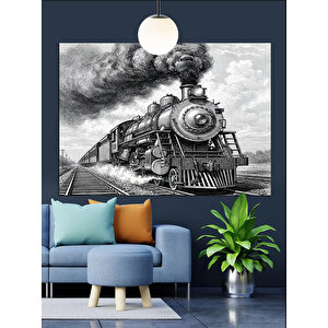 Siyah Beyaz Buharlı Tren Dekoratif Kanvas - Mdf Ahşap Tablo