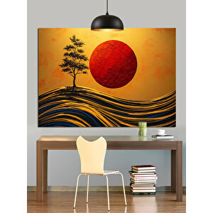 Kırmızı Güneş Ve Ağaç Dekoratif Kanvas - Mdf Ahşap Tablo 25x35 cm