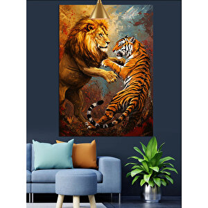 Kaplanla Dövüşen Aslan Dekoratif Kanvas - Mdf Ahşap Tablo