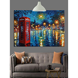 Yağmurlu Sokakta Telefon Kulübesi Dekoratif Kanvas - Mdf Ahşap Tablo 70x100 cm