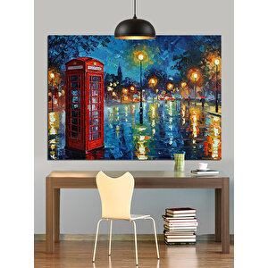 Yağmurlu Sokakta Telefon Kulübesi Dekoratif Kanvas - Mdf Ahşap Tablo 70x100 cm