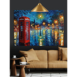 Yağmurlu Sokakta Telefon Kulübesi Dekoratif Kanvas - Mdf Ahşap Tablo