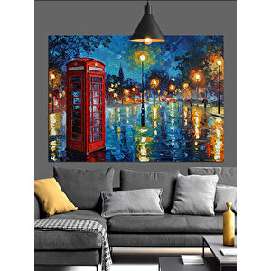 Yağmurlu Sokakta Telefon Kulübesi Dekoratif Kanvas - Mdf Ahşap Tablo