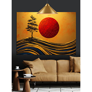 Kırmızı Güneş Ve Ağaç Dekoratif Kanvas - Mdf Ahşap Tablo