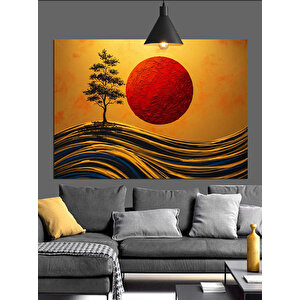 Kırmızı Güneş Ve Ağaç Dekoratif Kanvas - Mdf Ahşap Tablo