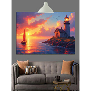 Gün Batımında Deniz Feneri Yelkenli Dekoratif Kanvas - Mdf Ahşap Tablo 25x35 cm