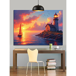 Gün Batımında Deniz Feneri Yelkenli Dekoratif Kanvas - Mdf Ahşap Tablo 25x35 cm