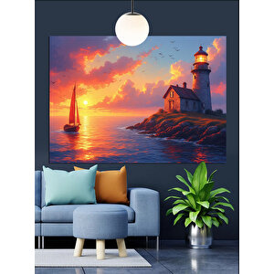 Gün Batımında Deniz Feneri Yelkenli Dekoratif Kanvas - Mdf Ahşap Tablo 25x35 cm