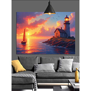 Gün Batımında Deniz Feneri Yelkenli Dekoratif Kanvas - Mdf Ahşap Tablo