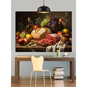 Meyve Ve Ekmek Sofrası Dekoratif Kanvas - Mdf Ahşap Tablo 70x100 cm