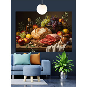 Meyve Ve Ekmek Sofrası Dekoratif Kanvas - Mdf Ahşap Tablo 70x100 cm