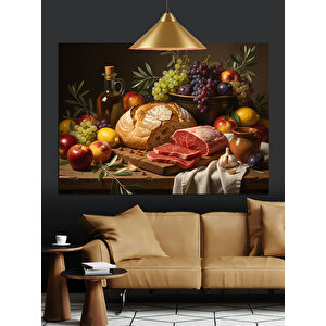 Meyve Ve Ekmek Sofrası Dekoratif Kanvas - Mdf Ahşap Tablo 70x100 cm