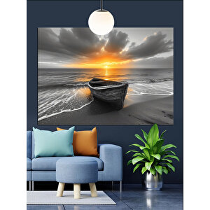 Siyah Beyaz Gün Batımı Kayık Dekoratif Kanvas - Mdf Ahşap Tablo 70x100 cm