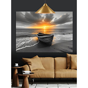 Siyah Beyaz Gün Batımı Kayık Dekoratif Kanvas - Mdf Ahşap Tablo