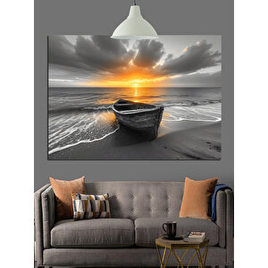 Siyah Beyaz Gün Batımı Kayık Dekoratif Kanvas - Mdf Ahşap Tablo 25x35 cm