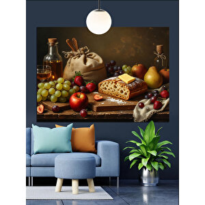 Meyve Ve Şarap Sofrası Dekoratif Kanvas - Mdf Ahşap Tablo 50x70 cm