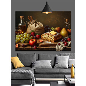 Meyve Ve Şarap Sofrası Dekoratif Kanvas - Mdf Ahşap Tablo