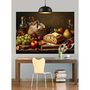 Meyve Ve Şarap Sofrası Dekoratif Kanvas - Mdf Ahşap Tablo 35x50 cm