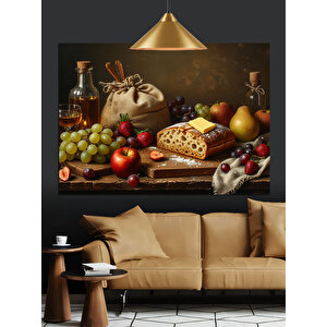 Meyve Ve Şarap Sofrası Dekoratif Kanvas - Mdf Ahşap Tablo 35x50 cm