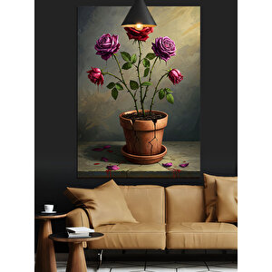 Saksıda Üç Gül Dekoratif Kanvas - Mdf Ahşap Tablo 35x50 cm