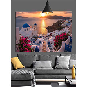 Gün Batımı Santorini Evleri Dekoratif Kanvas - Mdf Ahşap Tablo 70x100 cm