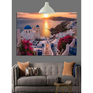 Gün Batımı Santorini Evleri Dekoratif Kanvas - Mdf Ahşap Tablo 70x100 cm