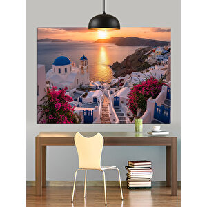 Gün Batımı Santorini Evleri Dekoratif Kanvas - Mdf Ahşap Tablo 70x100 cm
