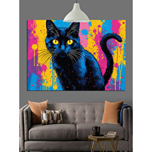 Renkli Arka Planlı Siyah Kedi Dekoratif Kanvas - Mdf Ahşap Tablo