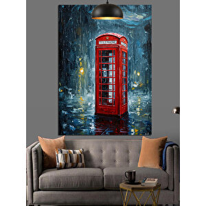 Yağmurlu Kırmızı Telefon Kulubesi Dekoratif Kanvas - Mdf Ahşap Tablo