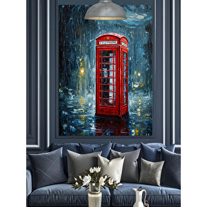 Yağmurlu Kırmızı Telefon Kulubesi Dekoratif Kanvas - Mdf Ahşap Tablo