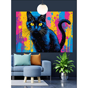 Renkli Arka Planlı Siyah Kedi Dekoratif Kanvas - Mdf Ahşap Tablo 50x70 cm