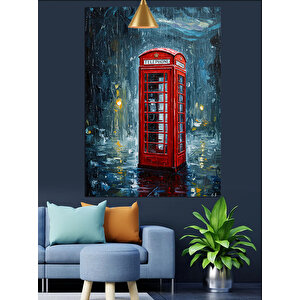 Yağmurlu Kırmızı Telefon Kulubesi Dekoratif Kanvas - Mdf Ahşap Tablo 35x50 cm