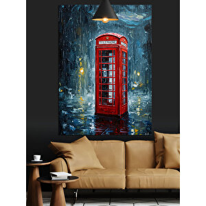 Yağmurlu Kırmızı Telefon Kulubesi Dekoratif Kanvas - Mdf Ahşap Tablo 35x50 cm