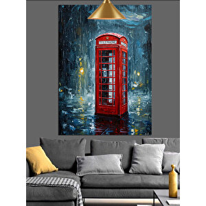Yağmurlu Kırmızı Telefon Kulubesi Dekoratif Kanvas - Mdf Ahşap Tablo 35x50 cm