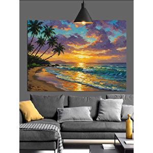 Gün Batımında Tropik Sahil Dekoratif Kanvas - Mdf Ahşap Tablo