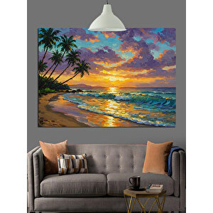 Gün Batımında Tropik Sahil Dekoratif Kanvas - Mdf Ahşap Tablo