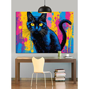 Renkli Arka Planlı Siyah Kedi Dekoratif Kanvas - Mdf Ahşap Tablo 70x100 cm