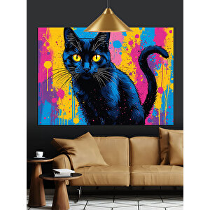 Renkli Arka Planlı Siyah Kedi Dekoratif Kanvas - Mdf Ahşap Tablo 70x100 cm
