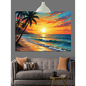 Gün Batımında Tropik Sahil Dekoratif Kanvas - Mdf Ahşap Tablo