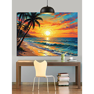 Gün Batımında Tropik Sahil Dekoratif Kanvas - Mdf Ahşap Tablo 50x70 cm