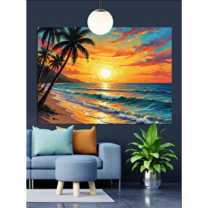 Gün Batımında Tropik Sahil Dekoratif Kanvas - Mdf Ahşap Tablo 50x70 cm