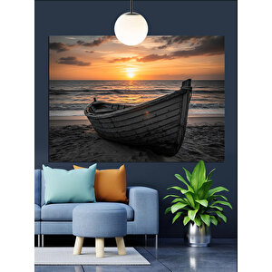 Gün Batımında Eski Kayık Dekoratif Kanvas - Mdf Ahşap Tablo